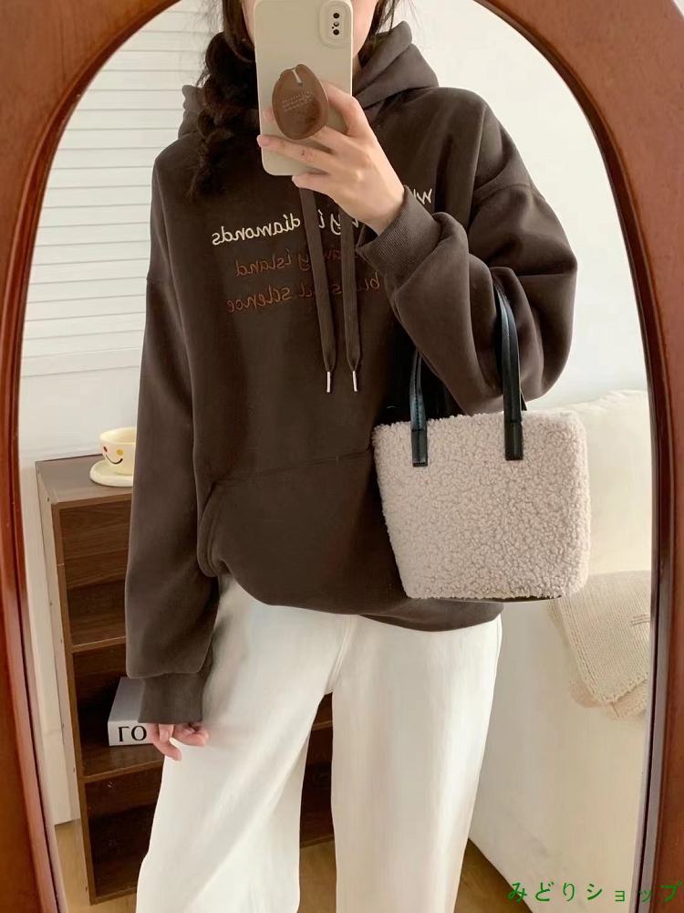 英文字 刺繍 裏起毛 裏ボア フード付き トレーナー レディース 秋冬 