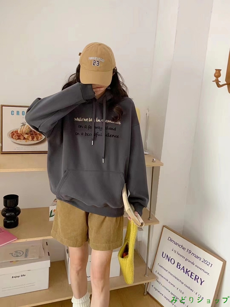 英文字 刺繍 裏起毛 裏ボア フード付き トレーナー レディース 秋冬 