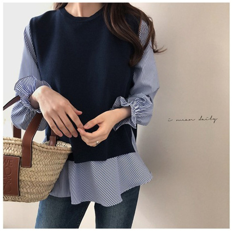 大きいサイズの女性の 2 点セット 2023 新しい韓国スタイルの秋冬長袖シャツニットベストスーツ  