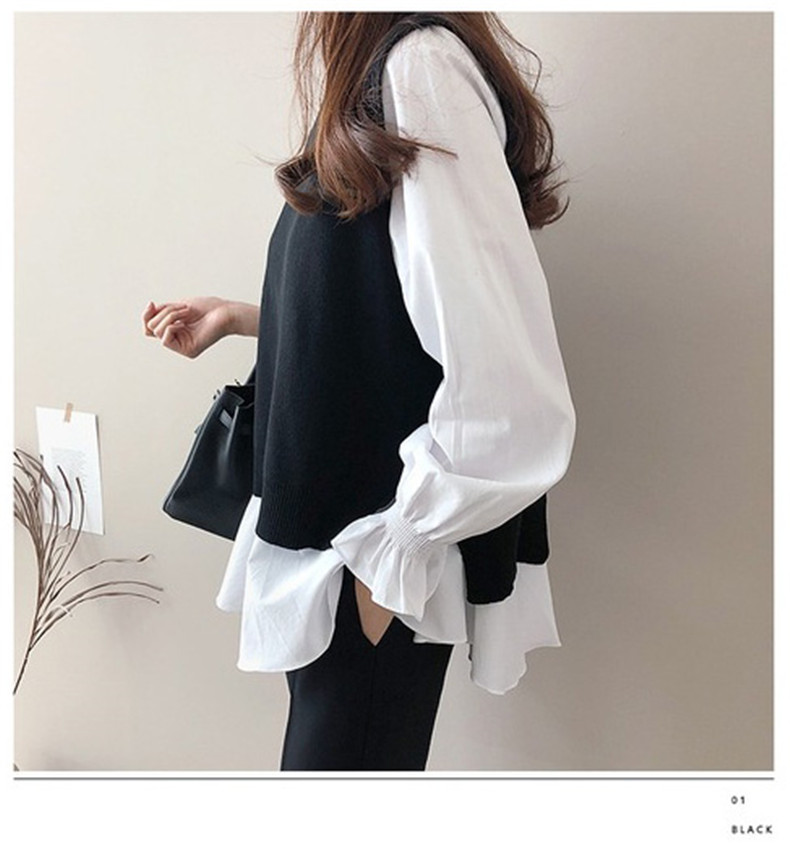 大きいサイズの女性の 2 点セット 2023 新しい韓国スタイルの秋冬長袖シャツニットベストスーツ  