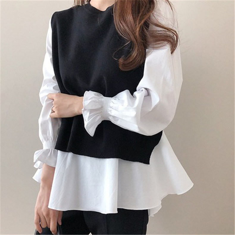 大きいサイズの女性の 2 点セット 2023 新しい韓国スタイルの秋冬長袖シャツニットベストスーツ  