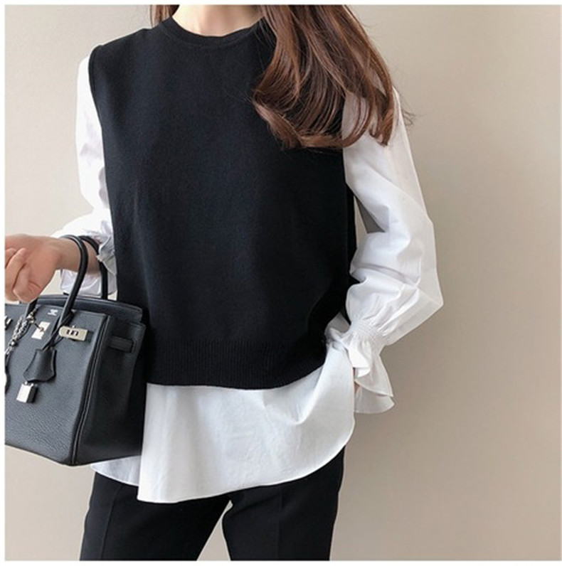 大きいサイズの女性の 2 点セット 2023 新しい韓国スタイルの秋冬長袖シャツニットベストスーツ  