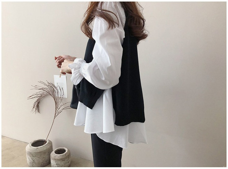 大きいサイズの女性の 2 点セット 2023 新しい韓国スタイルの秋冬長袖シャツニットベストスーツ  