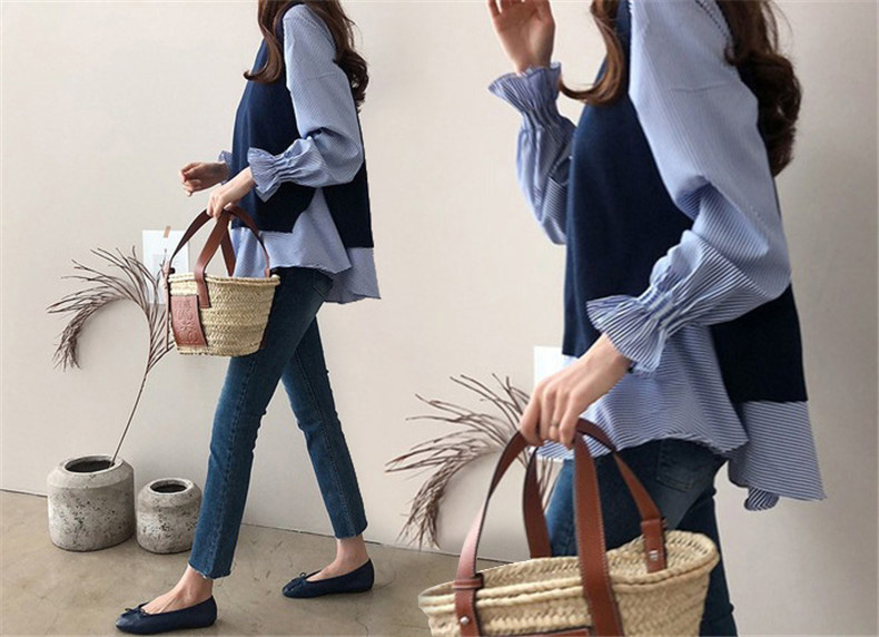 大きいサイズの女性の 2 点セット 2023 新しい韓国スタイルの秋冬長袖シャツニットベストスーツ  