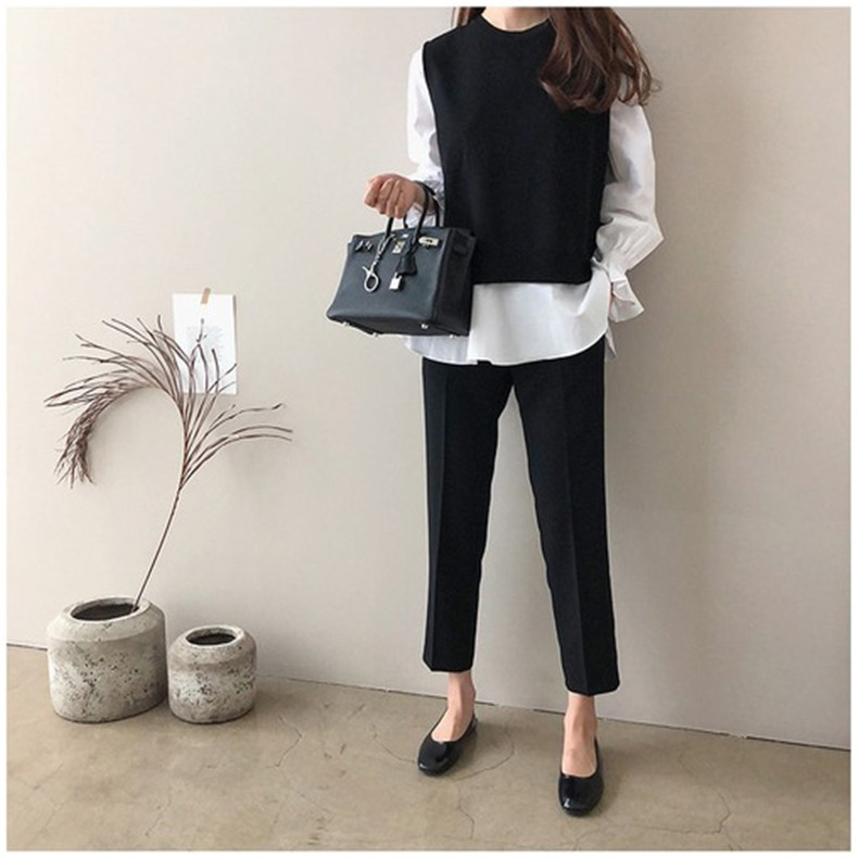 大きいサイズの女性の 2 点セット 2023 新しい韓国スタイルの秋冬長袖シャツニットベストスーツ  