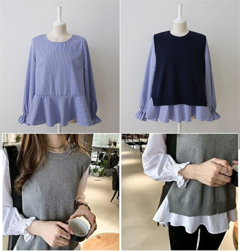 大きいサイズの女性の 2 点セット 2023 新しい韓国スタイルの秋冬長袖シャツニットベストスーツ  