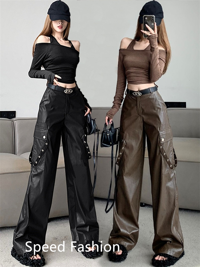 PU レザーワイドレッグパンツ レディース バギーパンツ ロング丈 ハイウエスト ワイドレッグパンツ カジュアル ボ体型カバー 大人 ズボン 