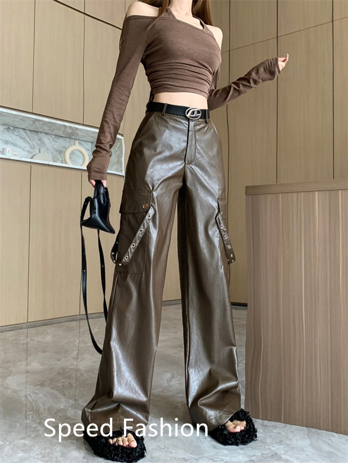 PU レザーワイドレッグパンツ レディース バギーパンツ ロング丈 ハイウエスト ワイドレッグパンツ カジュアル ボ体型カバー 大人 ズボン 