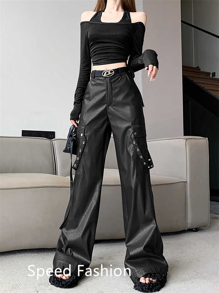 PU レザーワイドレッグパンツ レディース バギーパンツ ロング丈 ハイウエスト ワイドレッグパンツ カジュアル ボ体型カバー 大人 ズボン 