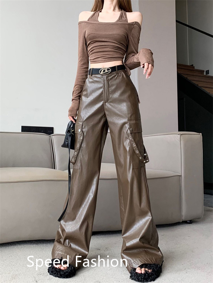 PU レザーワイドレッグパンツ レディース バギーパンツ ロング丈 ハイウエスト ワイドレッグパンツ カジュアル ボ体型カバー 大人 ズボン 