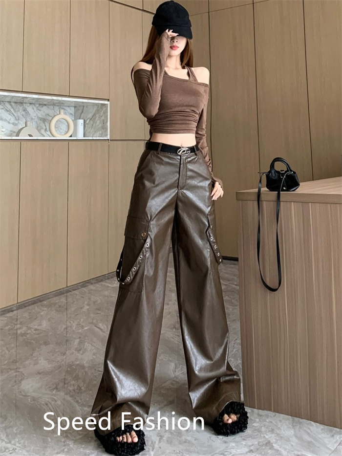 PU レザーワイドレッグパンツ レディース バギーパンツ ロング丈 ハイウエスト ワイドレッグパンツ カジュアル ボ体型カバー 大人 ズボン 