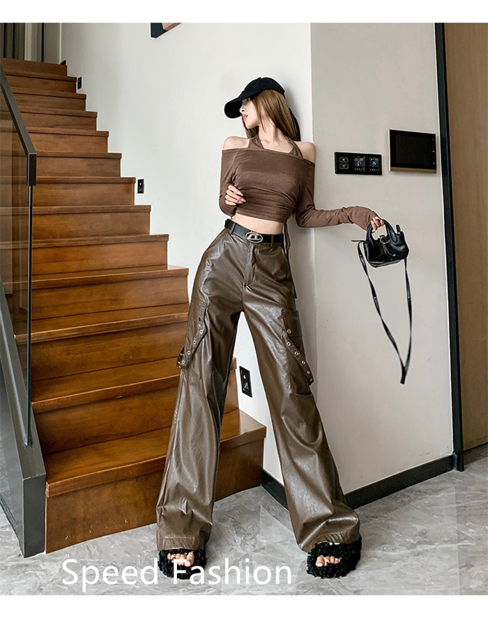 PU レザーワイドレッグパンツ レディース バギーパンツ ロング丈 ハイウエスト ワイドレッグパンツ カジュアル ボ体型カバー 大人 ズボン 