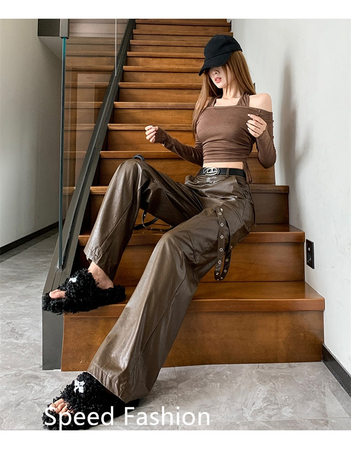 PU レザーワイドレッグパンツ レディース バギーパンツ ロング丈 ハイウエスト ワイドレッグパンツ カジュアル ボ体型カバー 大人 ズボン 