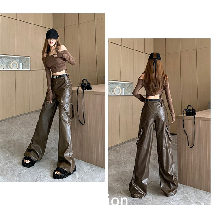 PU レザーワイドレッグパンツ レディース バギーパンツ ロング丈 ハイウエスト ワイドレッグパンツ カジュアル ボ体型カバー 大人 ズボン 