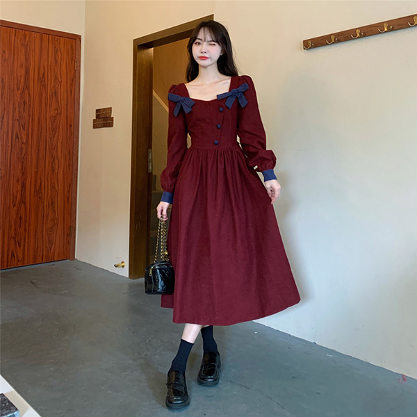 ワンピース 冬服 秋冬 長袖 フレンチ レトロ 上品 Aライン かわいい 大きいサイズ お出かけ おしゃれ エレファッション リボン レディース 