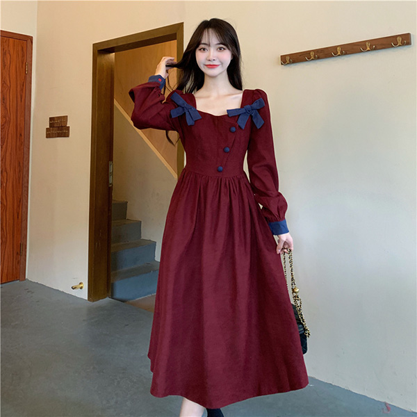 ワンピース 冬服 秋冬 長袖 フレンチ レトロ 上品 Aライン かわいい 大きいサイズ お出かけ おしゃれ エレファッション リボン レディース 