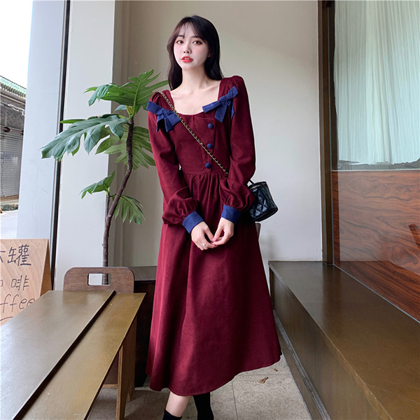 ワンピース 冬服 秋冬 長袖 フレンチ レトロ 上品 Aライン かわいい 大きいサイズ お出かけ おしゃれ エレファッション リボン レディース 