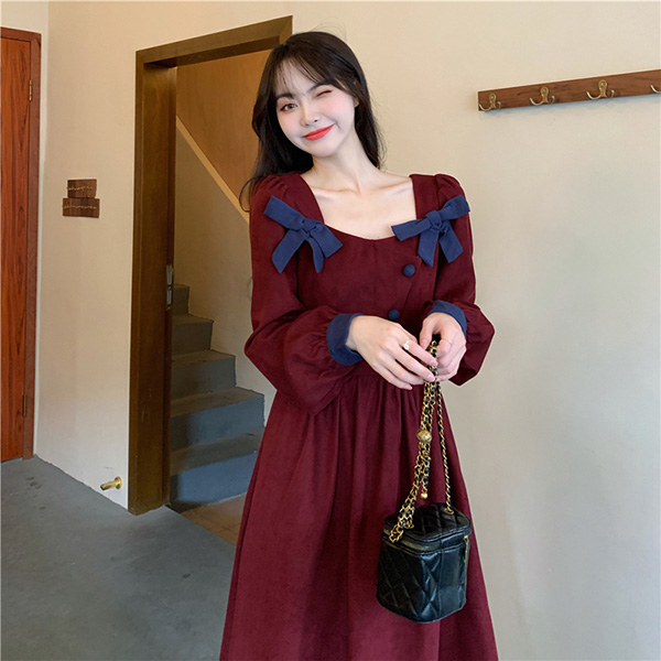 ワンピース 冬服 秋冬 長袖 フレンチ レトロ 上品 Aライン かわいい 大きいサイズ お出かけ おしゃれ エレファッション リボン レディース 