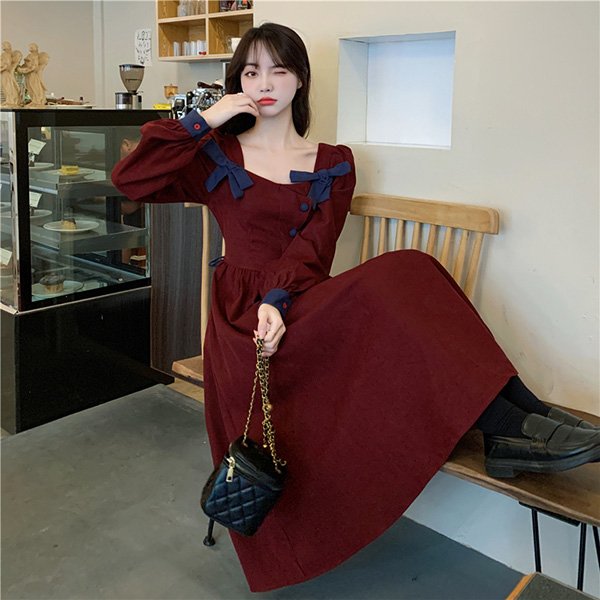 ワンピース 冬服 秋冬 長袖 フレンチ レトロ 上品 Aライン かわいい 大きいサイズ お出かけ おしゃれ エレファッション リボン レディース 