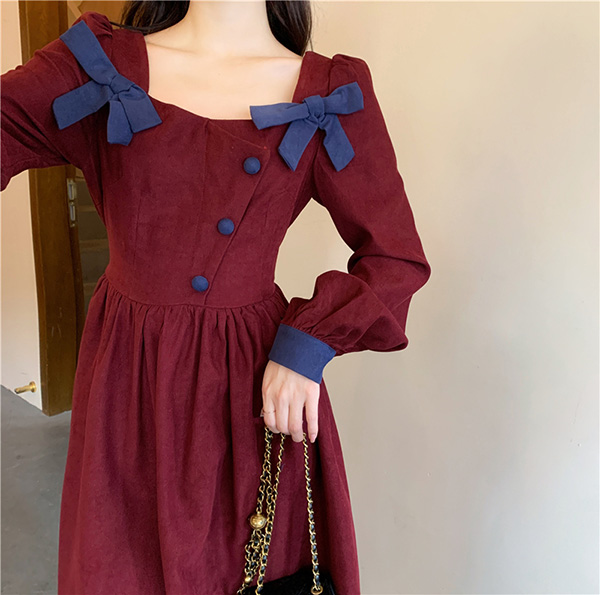 ワンピース 冬服 秋冬 長袖 フレンチ レトロ 上品 Aライン かわいい 大きいサイズ お出かけ おしゃれ エレファッション リボン レディース 