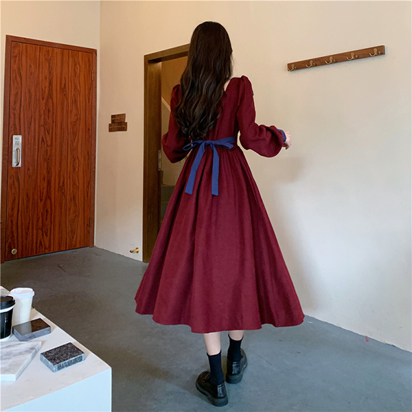 ワンピース 冬服 秋冬 長袖 フレンチ レトロ 上品 Aライン かわいい 大きいサイズ お出かけ おしゃれ エレファッション リボン レディース 