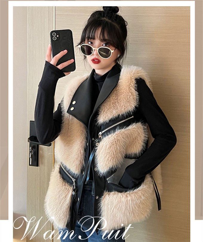ファーベスト レディース フォックス エコファー 毛皮ベスト ジャケット 冬ベスト 防寒 アウター PU素材切替 暖かい ショート丈 上着 ファーコート 防風 
