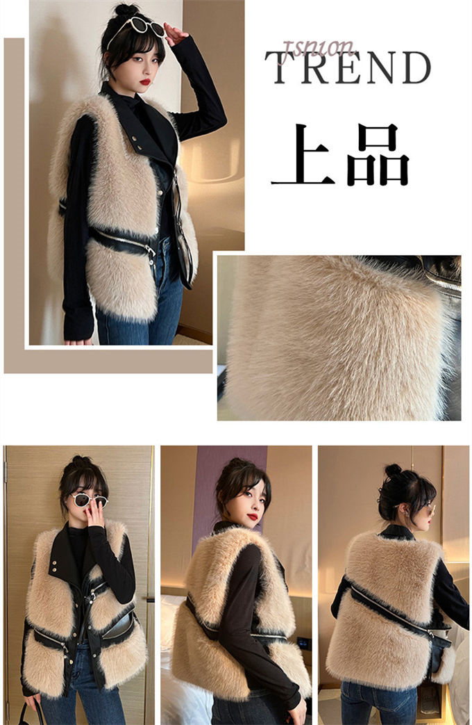 ファーベスト レディース フォックス エコファー 毛皮ベスト ジャケット 冬ベスト 防寒 アウター PU素材切替 暖かい ショート丈 上着 ファーコート 防風 