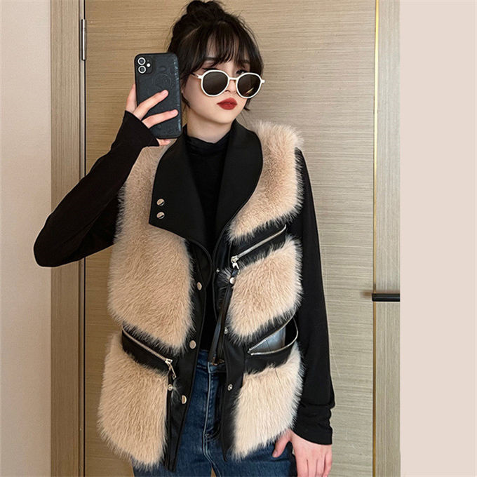ファーベスト レディース フォックス エコファー 毛皮ベスト ジャケット 冬ベスト 防寒 アウター PU素材切替 暖かい ショート丈 上着 ファーコート 防風 