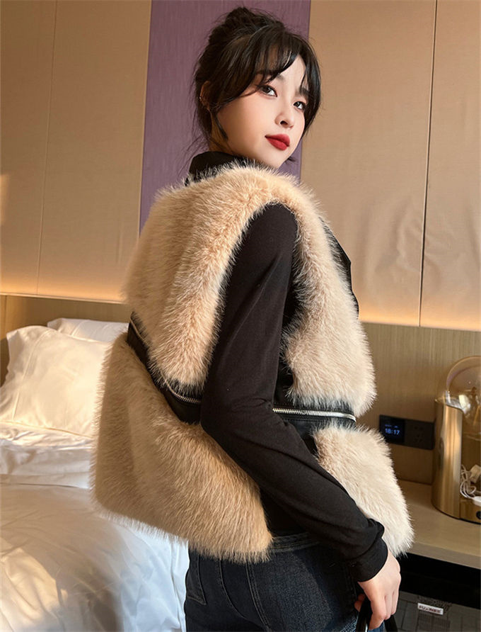 ファーベスト レディース フォックス エコファー 毛皮ベスト ジャケット 冬ベスト 防寒 アウター PU素材切替 暖かい ショート丈 上着 ファーコート 防風 