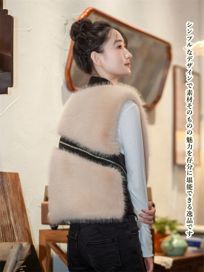 ファーベスト レディース フォックス エコファー 毛皮ベスト ジャケット 冬ベスト 防寒 アウター PU素材切替 暖かい ショート丈 上着 ファーコート 防風 
