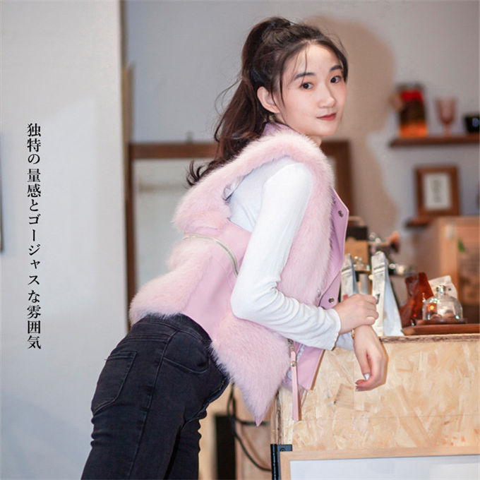 ファーベスト レディース フォックス エコファー 毛皮ベスト ジャケット 冬ベスト 防寒 アウター PU素材切替 暖かい ショート丈 上着 ファーコート 防風 