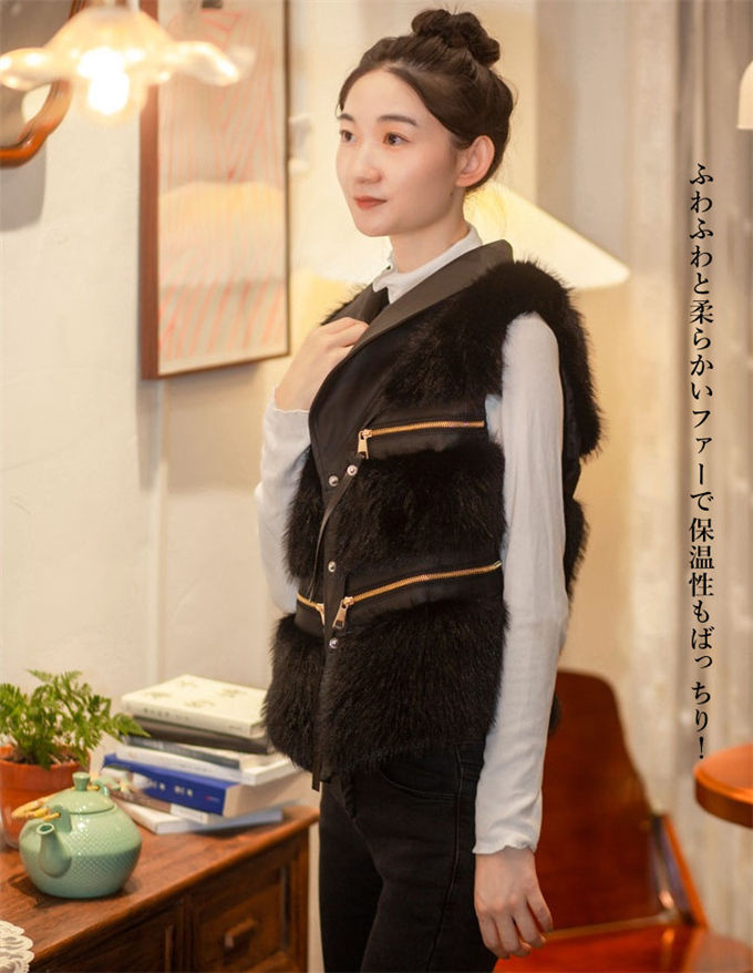 ファーベスト レディース フォックス エコファー 毛皮ベスト ジャケット 冬ベスト 防寒 アウター PU素材切替 暖かい ショート丈 上着 ファーコート 防風 