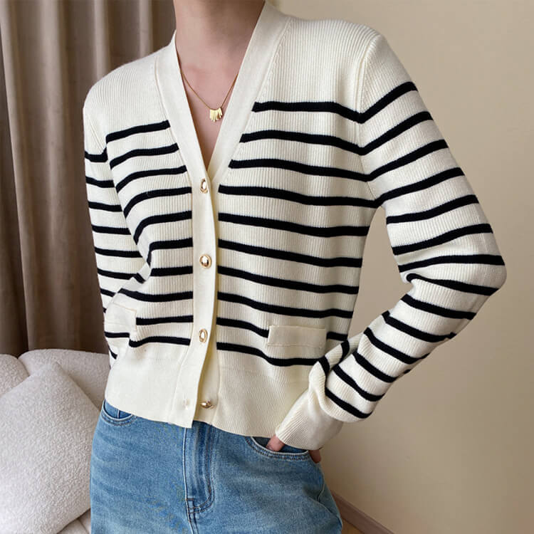 カーディガン レディース 韓国 ニット ボーダー 柄 秋 春 黒 カジュアル おしゃれ 白 エレ秋冬 Vネック ポケット 大人 