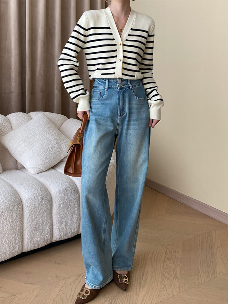 カーディガン レディース 韓国 ニット ボーダー 柄 秋 春 黒 カジュアル おしゃれ 白 エレ秋冬 Vネック ポケット 大人 