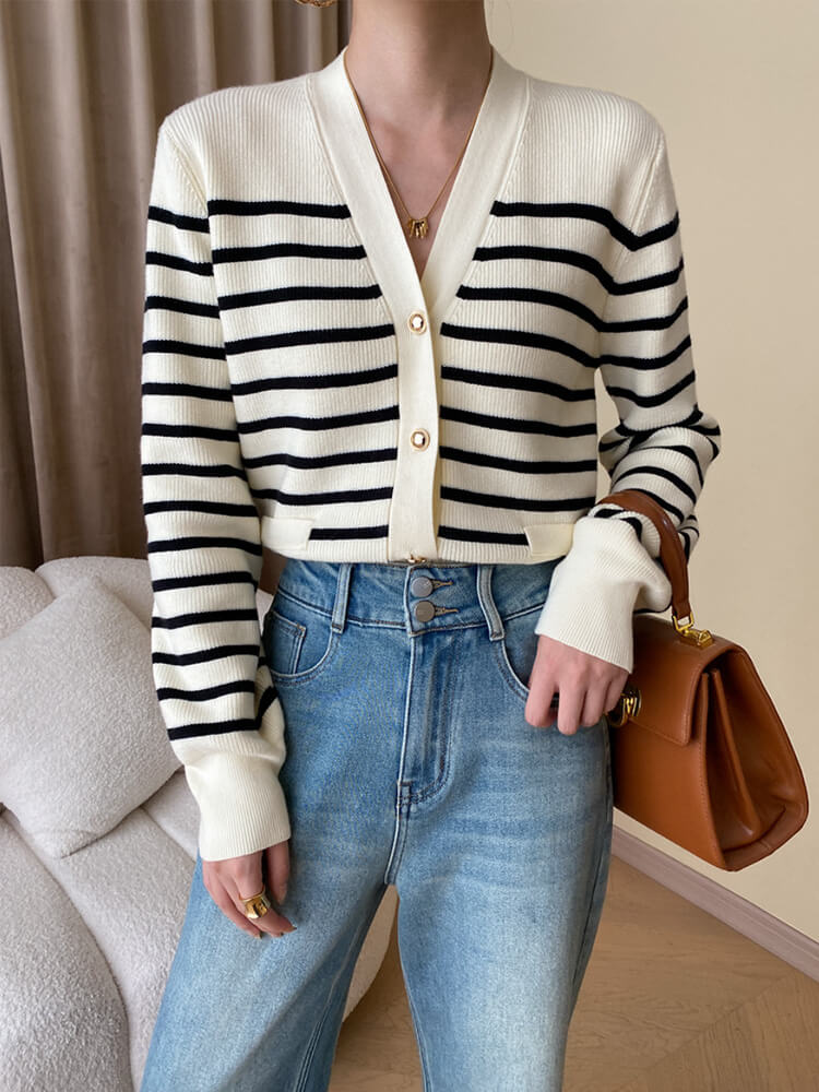 カーディガン レディース 韓国 ニット ボーダー 柄 秋 春 黒 カジュアル おしゃれ 白 エレ秋冬 Vネック ポケット 大人 
