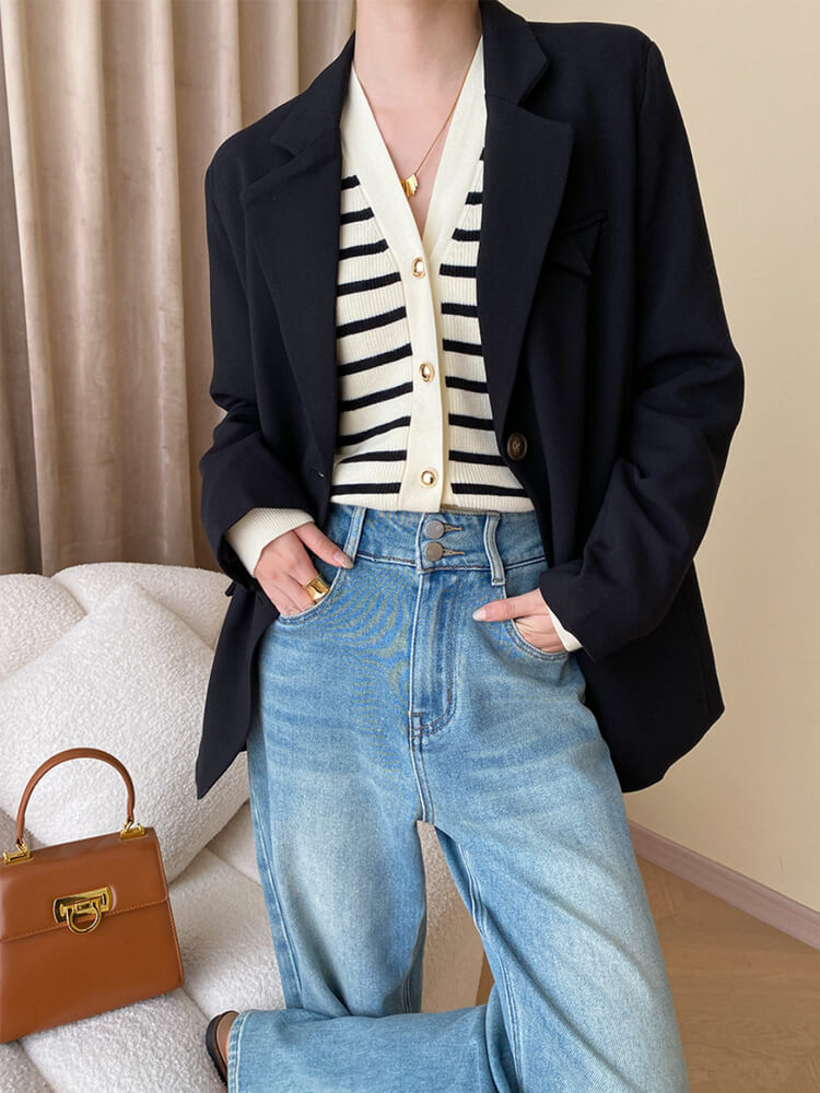 カーディガン レディース 韓国 ニット ボーダー 柄 秋 春 黒 カジュアル おしゃれ 白 エレ秋冬 Vネック ポケット 大人 