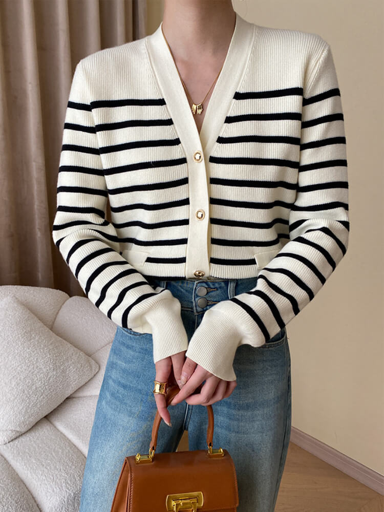 カーディガン レディース 韓国 ニット ボーダー 柄 秋 春 黒 カジュアル おしゃれ 白 エレ秋冬 Vネック ポケット 大人 