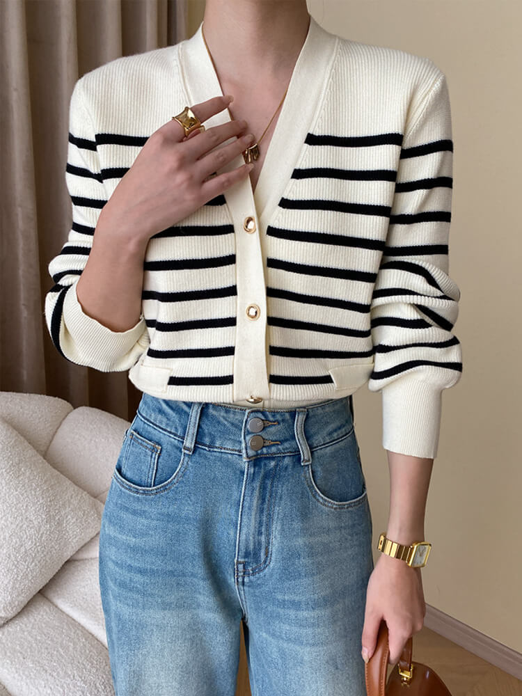 カーディガン レディース 韓国 ニット ボーダー 柄 秋 春 黒 カジュアル おしゃれ 白 エレ秋冬 Vネック ポケット 大人 
