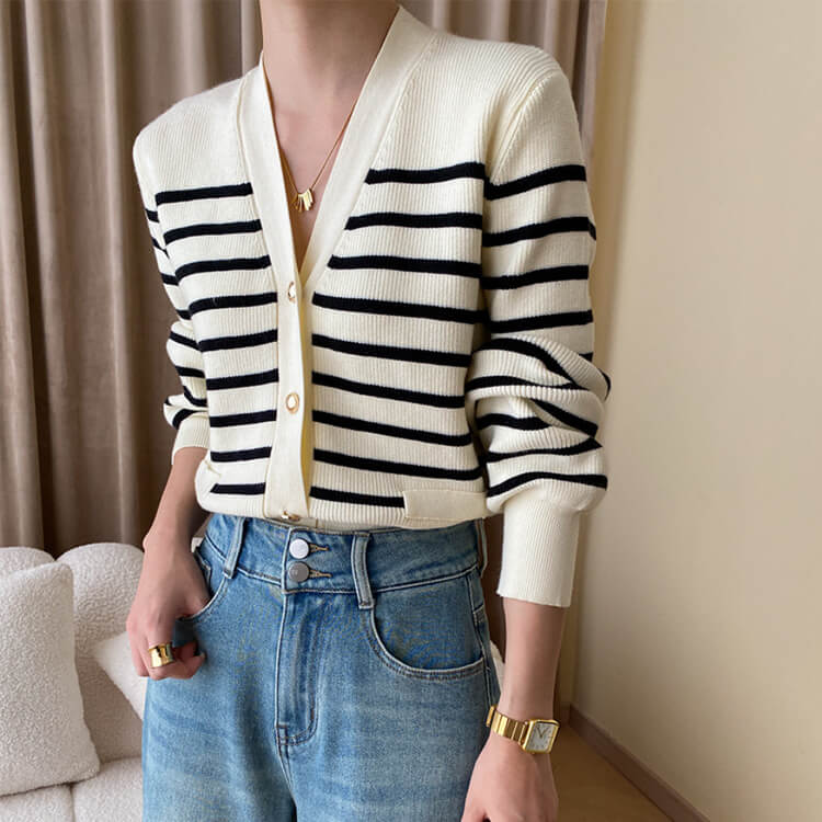 カーディガン レディース 韓国 ニット ボーダー 柄 秋 春 黒 カジュアル おしゃれ 白 エレ秋冬 Vネック ポケット 大人 