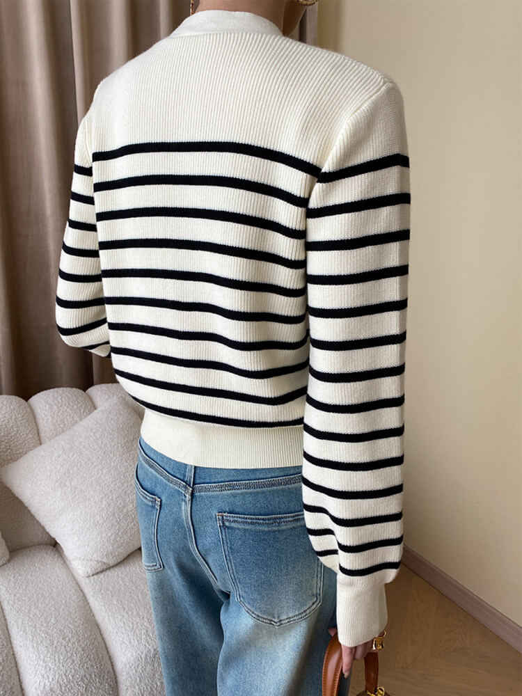 カーディガン レディース 韓国 ニット ボーダー 柄 秋 春 黒 カジュアル おしゃれ 白 エレ秋冬 Vネック ポケット 大人 