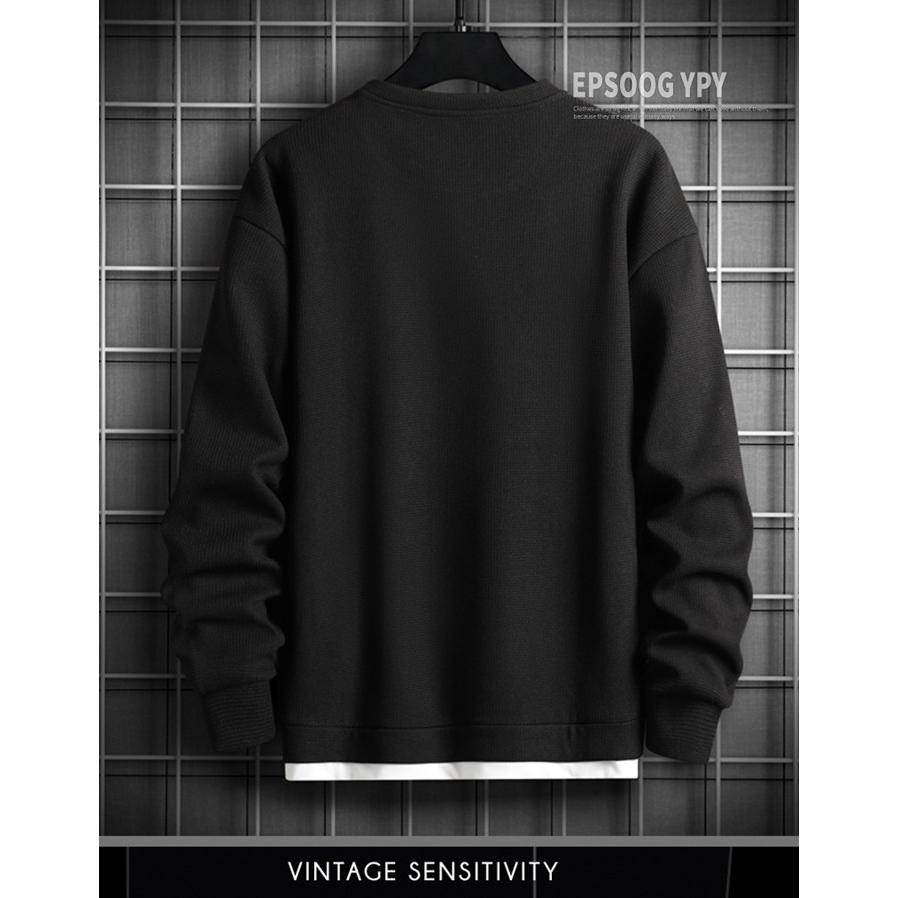 トレーナー スウェット メンズ トップス 裏起毛 ワッフル 長袖 暖かい 無地 クルーネック ワッフル編み 防寒 おしゃれ 重ね着風 