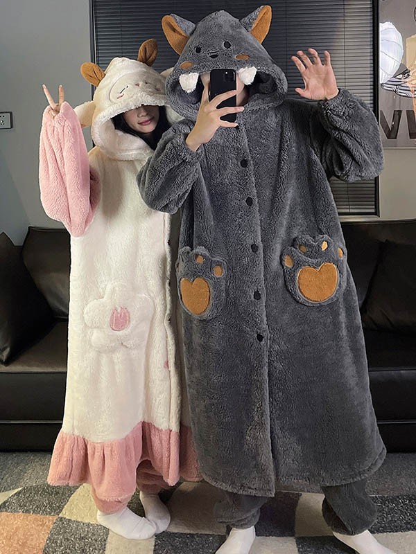 ルームウェア もこもこ パジャマ 羊 狼 冬 着る毛布 暖かい 。 あったか 長袖 ナイトガウン 寝巻き 部屋着 前開き フード付き 