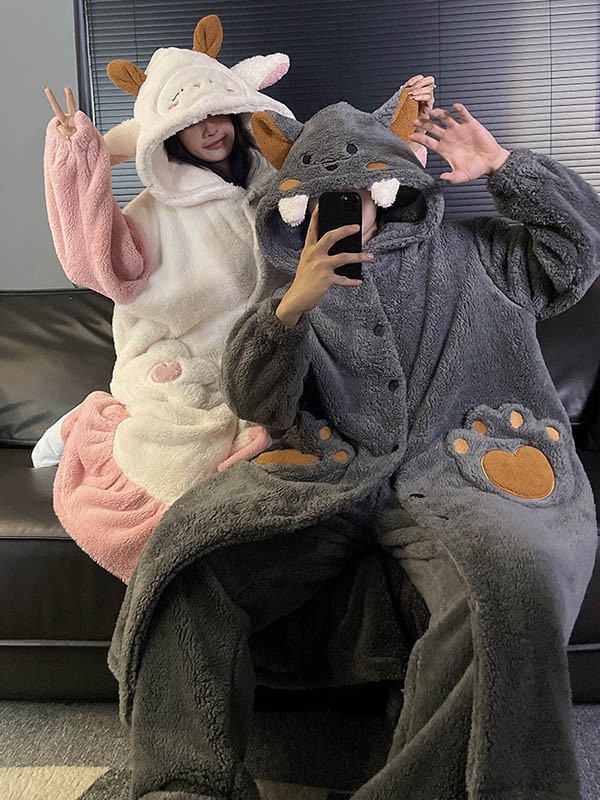 ルームウェア もこもこ パジャマ 羊 狼 冬 着る毛布 暖かい 。 あったか 長袖 ナイトガウン 寝巻き 部屋着 前開き フード付き 