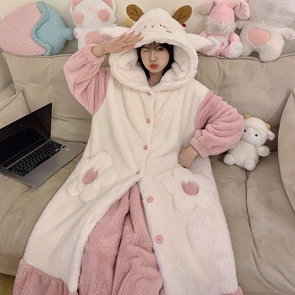 ルームウェア もこもこ パジャマ 羊 狼 冬 着る毛布 暖かい 。 あったか 長袖 ナイトガウン 寝巻き 部屋着 前開き フード付き 
