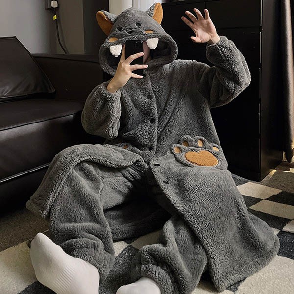 ルームウェア もこもこ パジャマ 羊 狼 冬 着る毛布 暖かい 。 あったか 長袖 ナイトガウン 寝巻き 部屋着 前開き フード付き 
