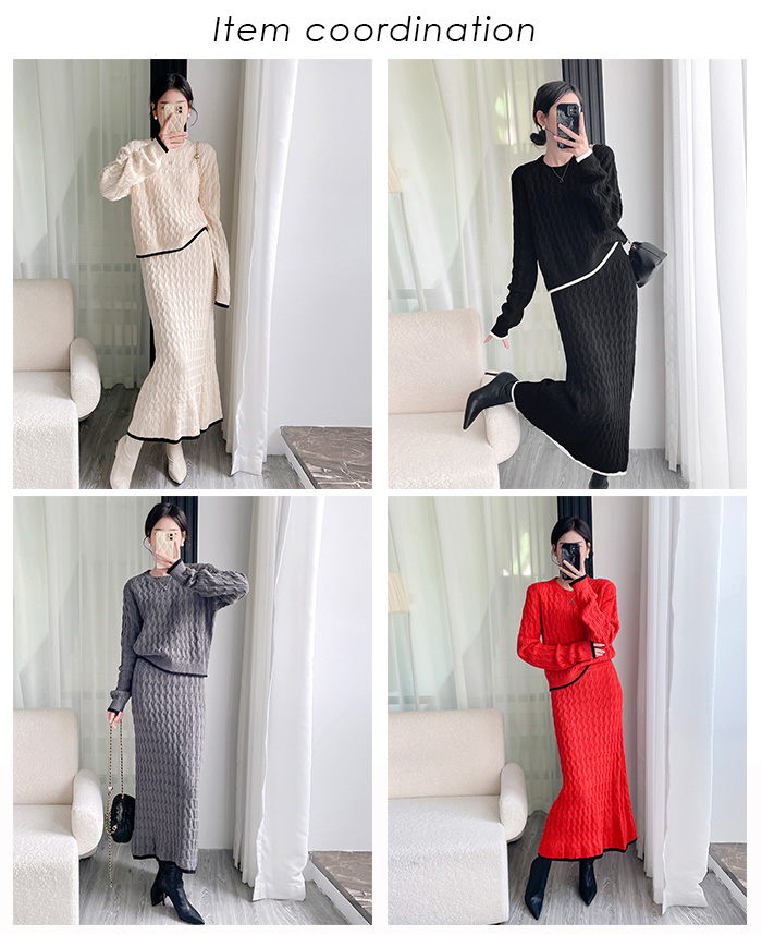 ニット セットアップ セットアップ ニットアップ 上下セット ケーブル編み 冬 トレンド 秋 オフィス カジュアル スカート ニットスカート きれいめ 