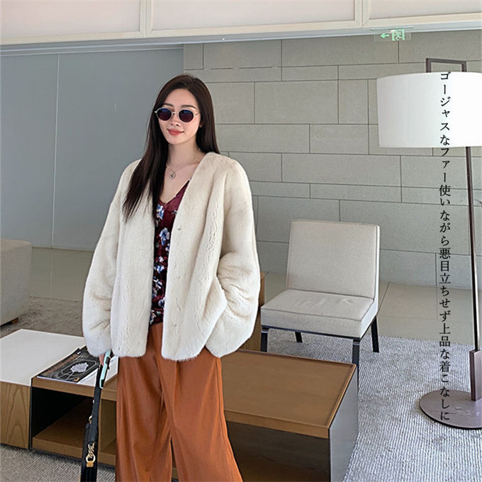 ファーコート レディース 毛皮コート ジャケット エコファー ミンク 羽織 上着 軽い ムートンコート 冬服 フェイクファー アウター 高級 暖かい Vネック 防寒 