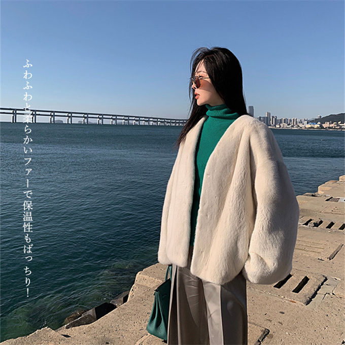 ファーコート レディース 毛皮コート ジャケット エコファー ミンク 羽織 上着 軽い ムートンコート 冬服 フェイクファー アウター 高級 暖かい Vネック 防寒 
